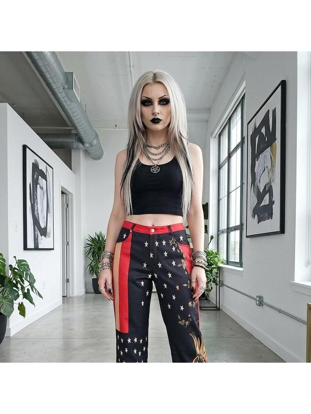 Women's Black and Red Trousers